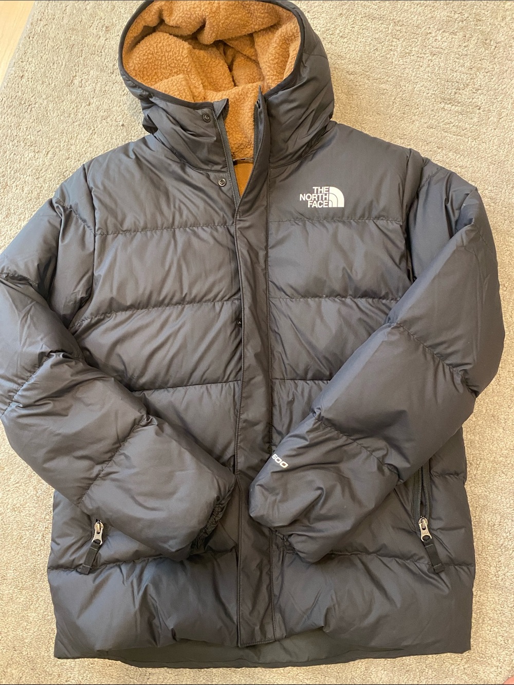 The North Face Black Puffer Jacket with Camel Sherpa Hood Lining